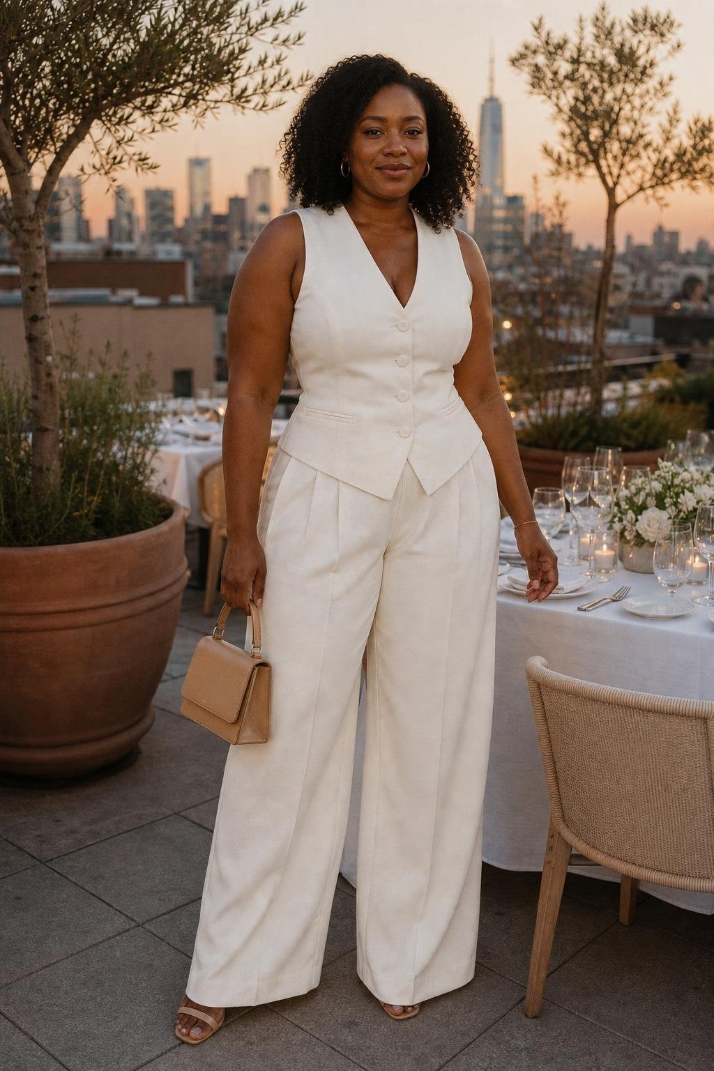white tailored vest, matching wide-leg trousers, nude sandals, small top-handle bag, rooftop dinner setting (option 2)