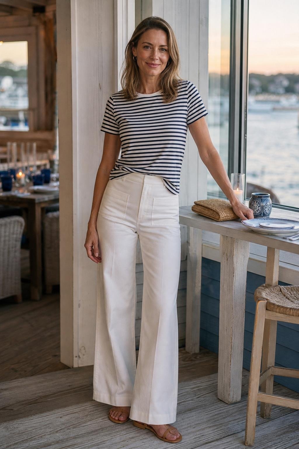 White wide-leg jeans with navy striped tee and tan sandals, clean coastal dinner scene (option 2)