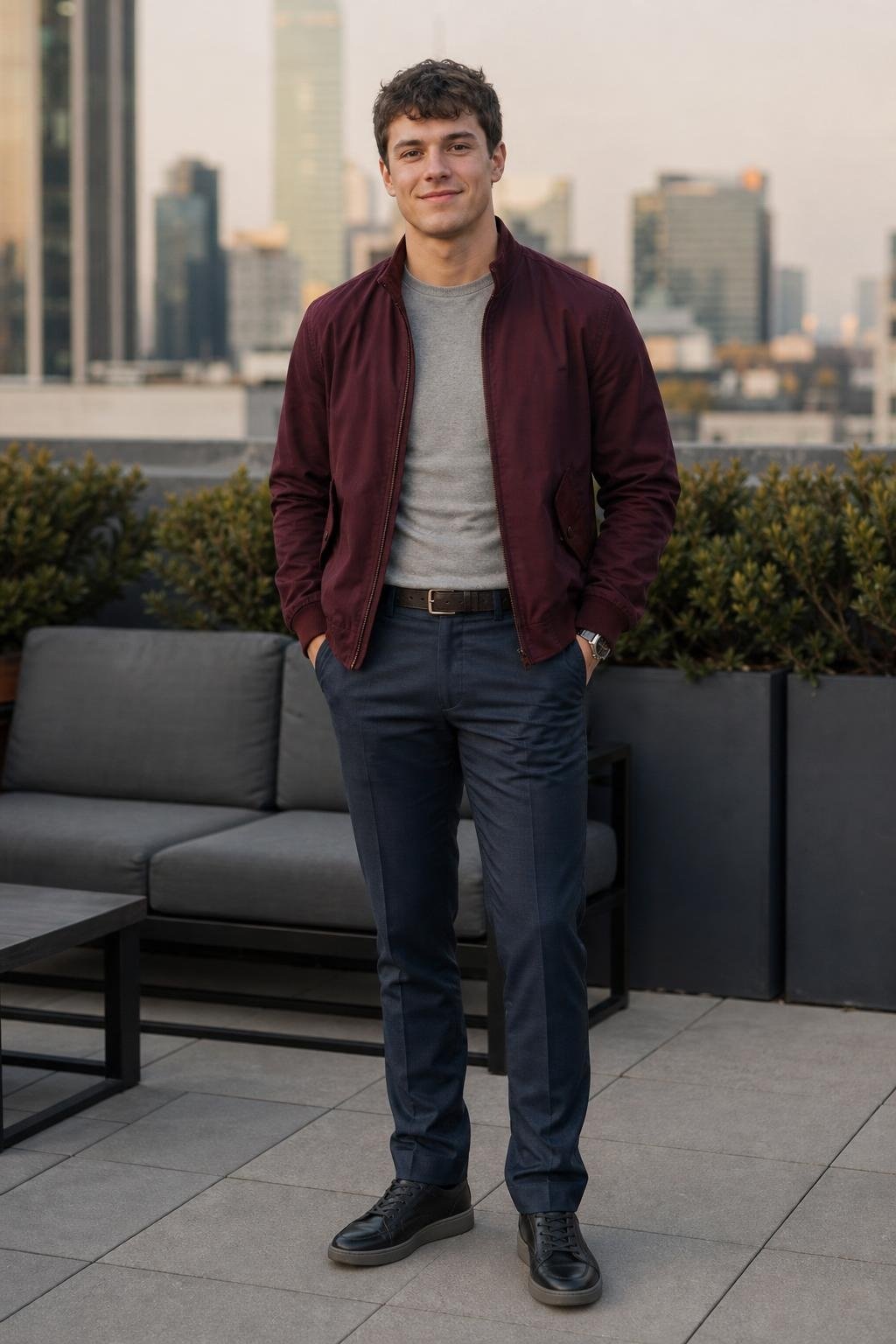 Wine Harrington jacket, smoky blue trousers, gray knit tee, dark sneakers in a casual tech office (option 2)