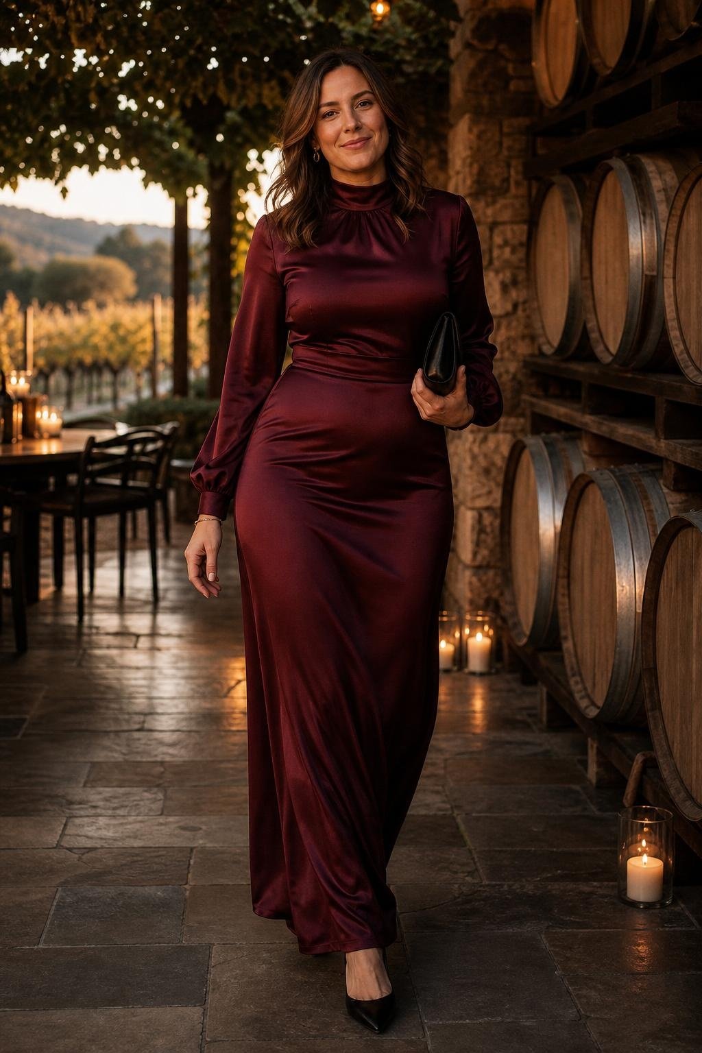 Wine satin mock-neck maxi dress, black clutch, elegant candlelit winery reception (option 2)