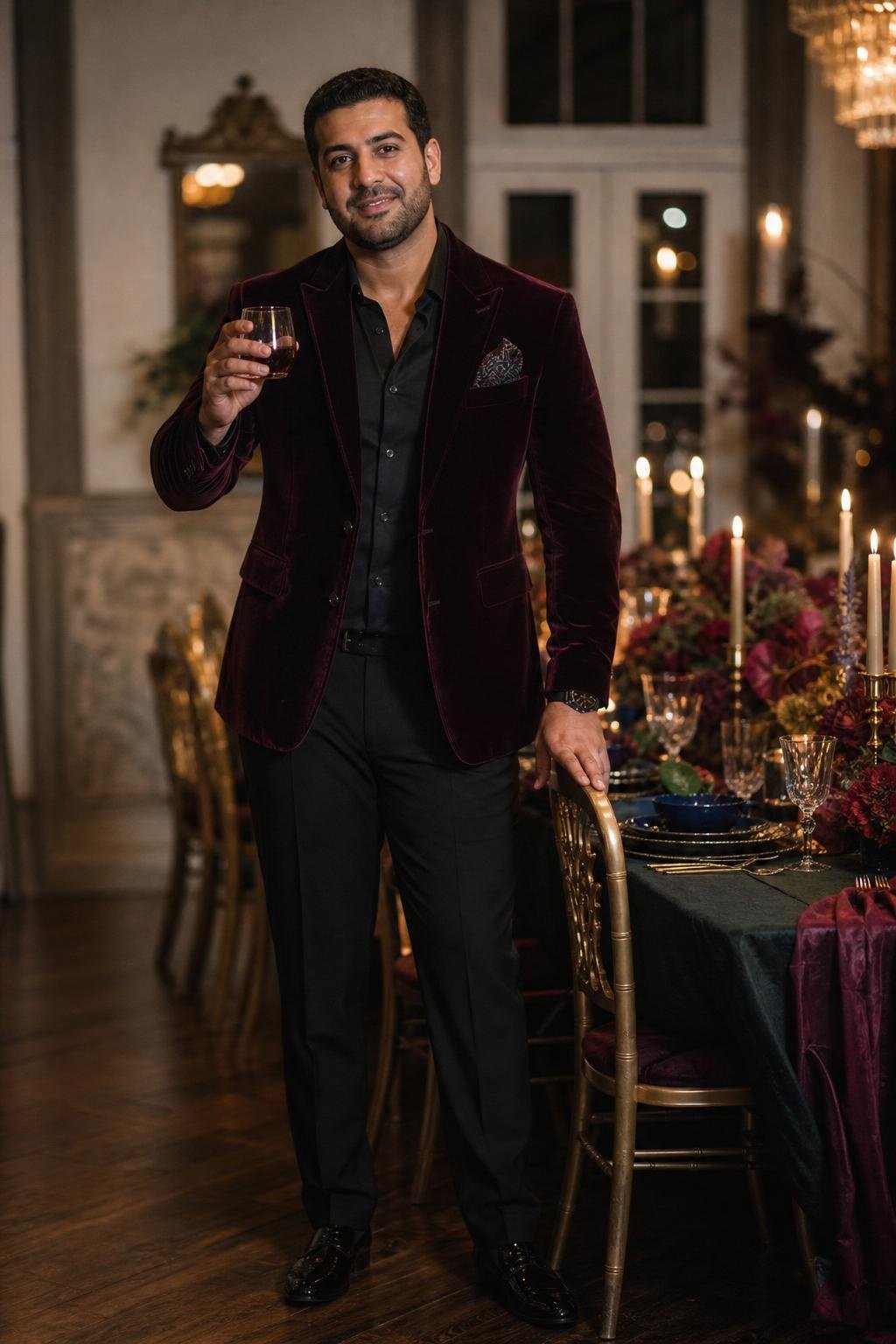 Wine velvet blazer, black dress shirt, black trousers, patent loafers, festive holiday dinner party (option 2)