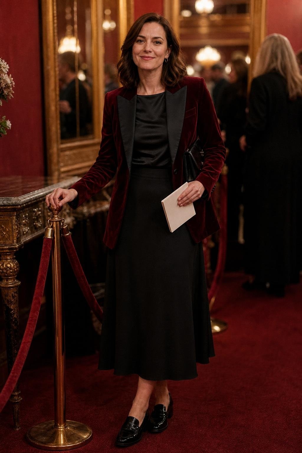 Wine velvet blazer, black midi skirt, satin shell, patent loafers, evening theater lobby (option 1)