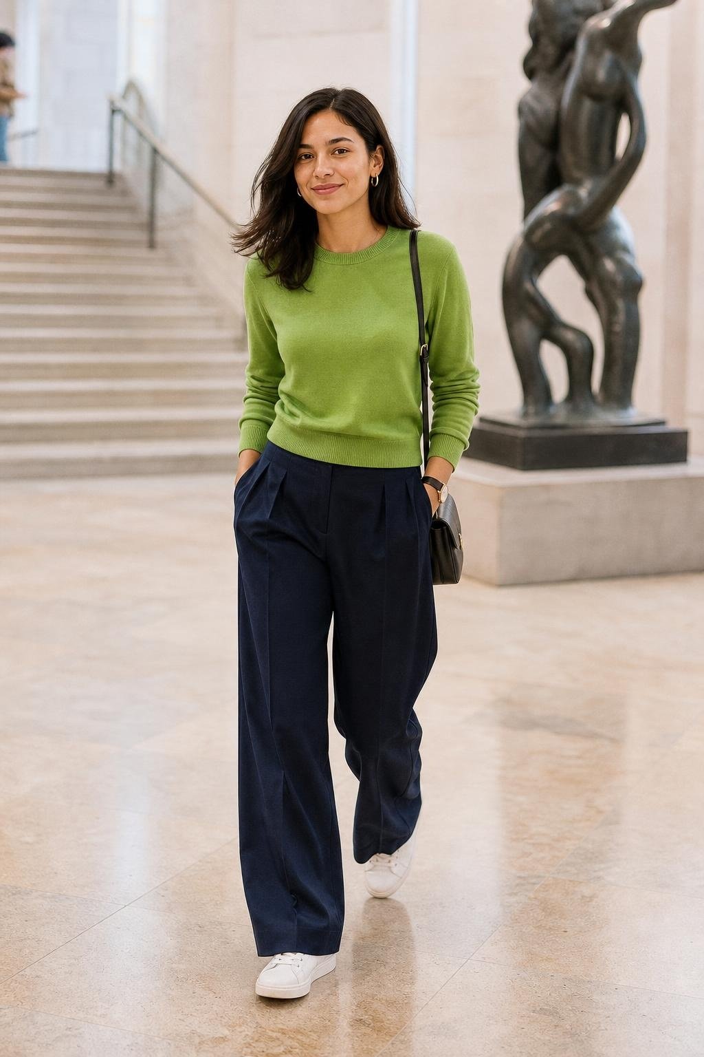 Apple green crewneck sweater with navy pleated trousers and white sneakers, fresh museum day outfit (option 1)