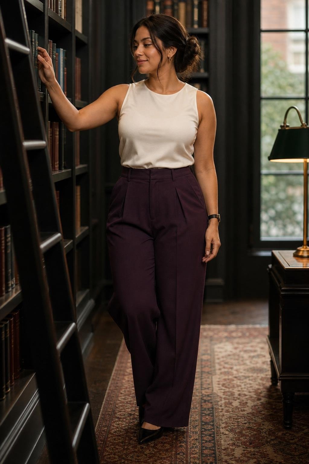 aubergine pleated trousers, cream sleeveless shell, black pointed flats, quiet office library with refined color mood (option 1)