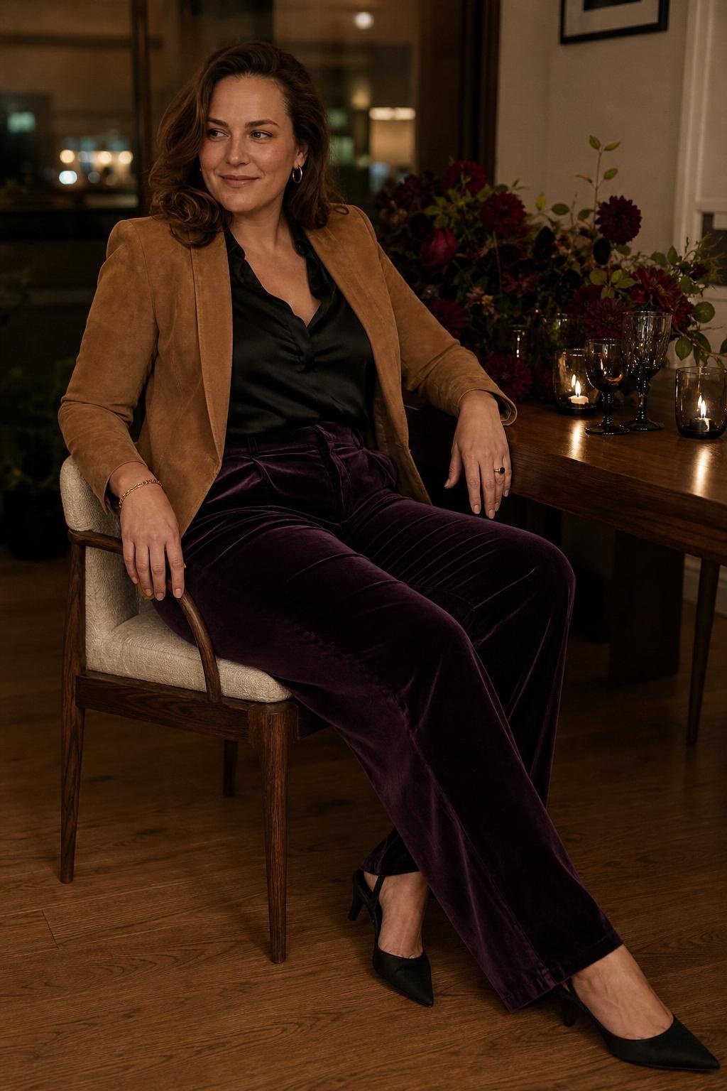 aubergine velvet trousers, camel suede jacket, black silk blouse, intimate dinner setting (option 1)