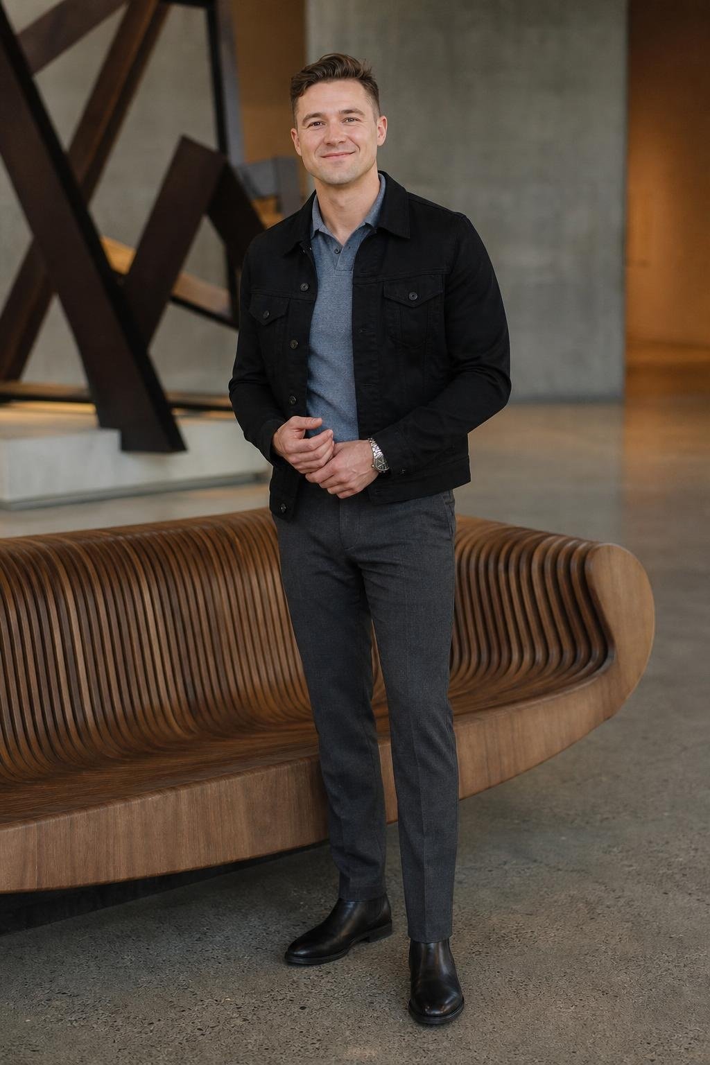 Black denim jacket, slate gray wool trousers, heather blue knit polo, black Chelsea boots, modern museum lobby (option 1)