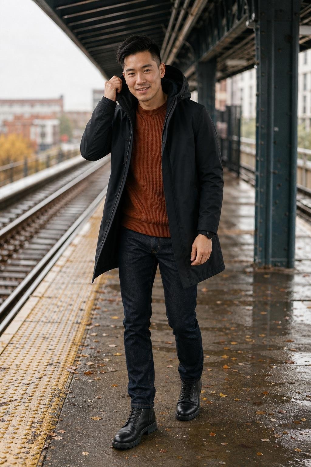 Black technical parka, copper waffle-knit sweater, dark indigo jeans, black hiking boots, windy train platform (option 1)