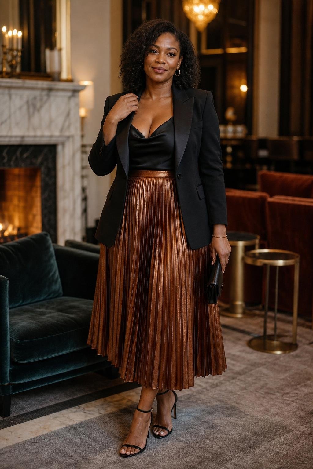 Black tuxedo jacket, copper pleated midi skirt, satin camisole, formal hotel lounge (option 2)