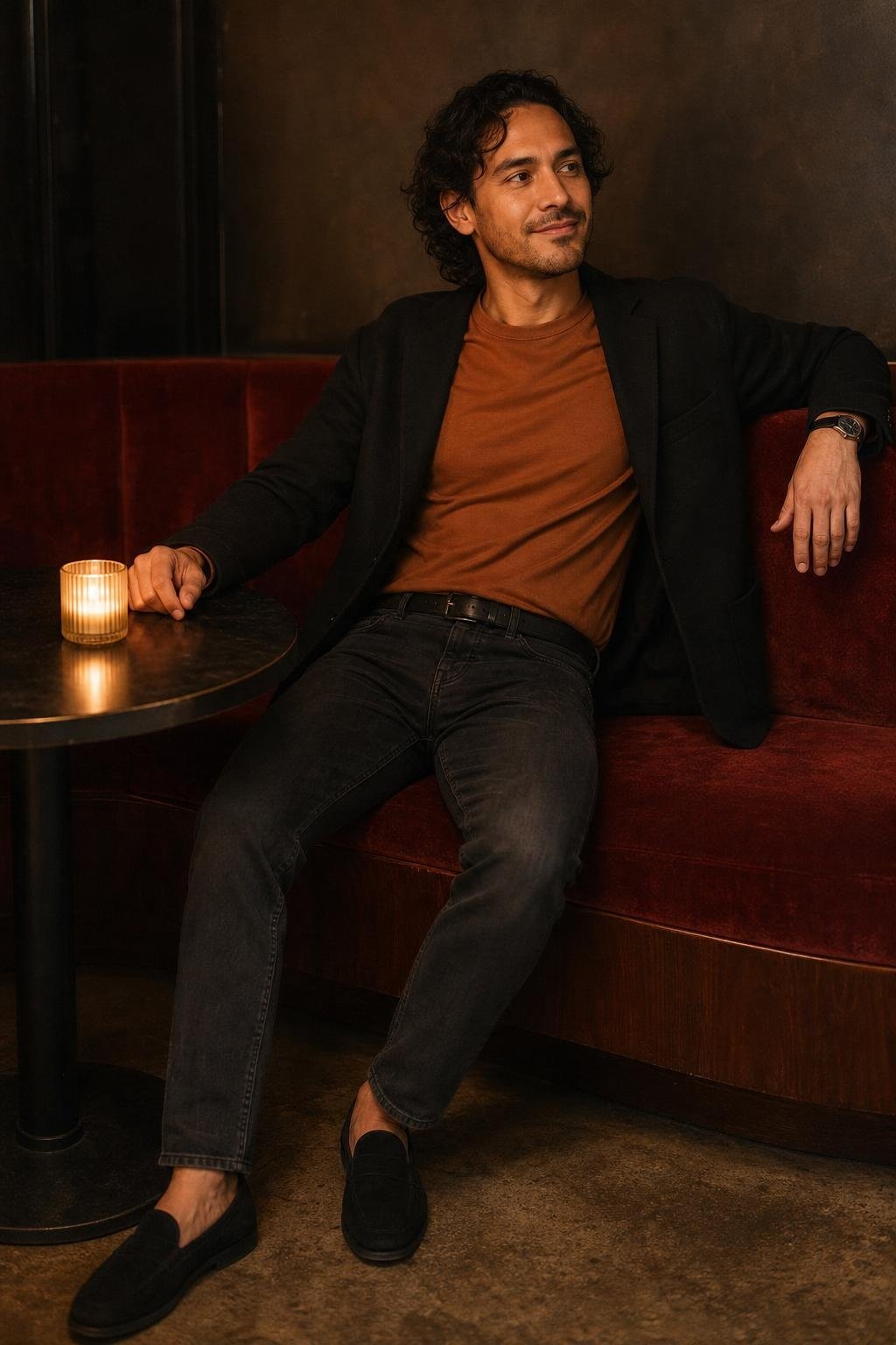 Black unstructured blazer, cinnamon cotton T-shirt, dark gray jeans, black suede loafers, intimate restaurant booth (option 2)
