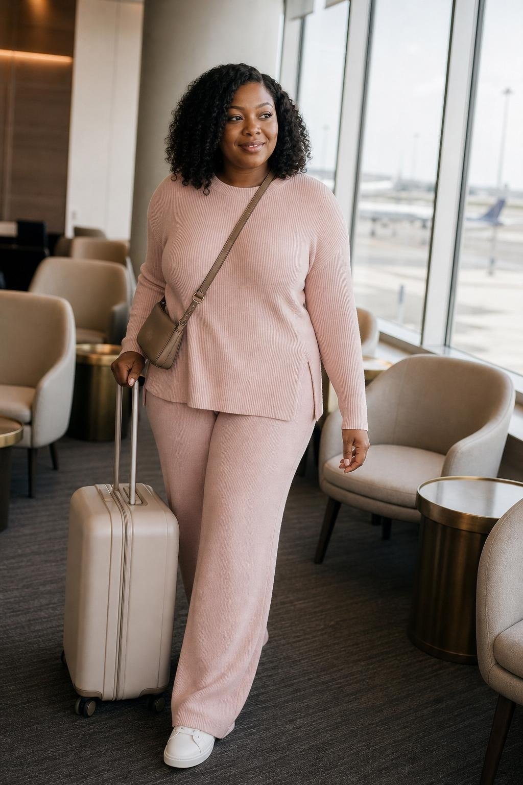 Blush matching knit set with white leather sneakers and taupe crossbody bag, airport lounge travel mood (option 2)