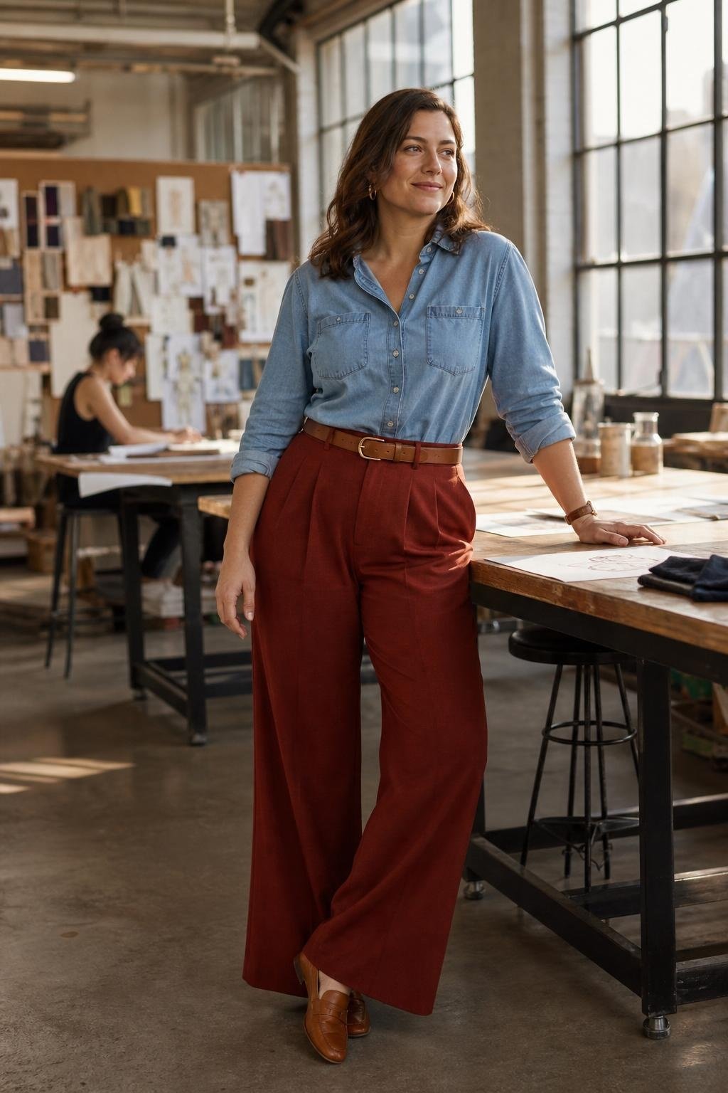 Brick red wide-leg trousers with chambray denim shirt and tan belt, creative workplace afternoon (option 1)