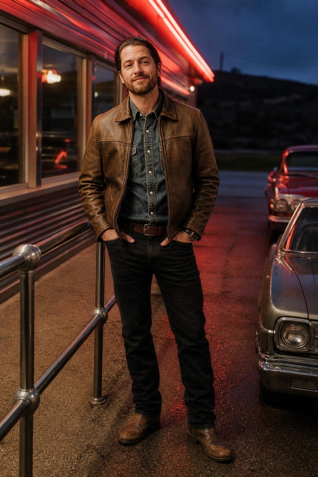 Brown leather jacket, faded denim western shirt, black jeans, dark tan boots, roadside diner evening (option 1)