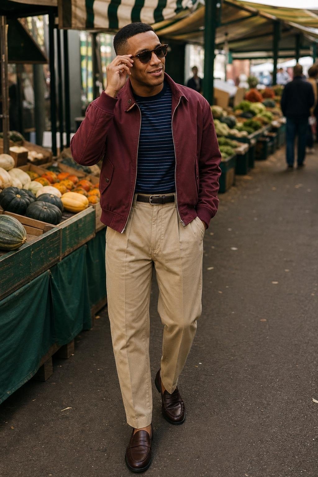 Burgundy Harrington jacket, khaki pleated trousers, navy striped tee, dark brown loafers, casual outdoor market morning (option 2)