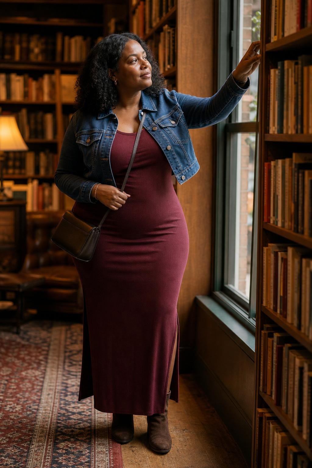 Burgundy long-sleeve maxi dress, cropped denim jacket, suede ankle boots, weekend bookstore scene (option 2)