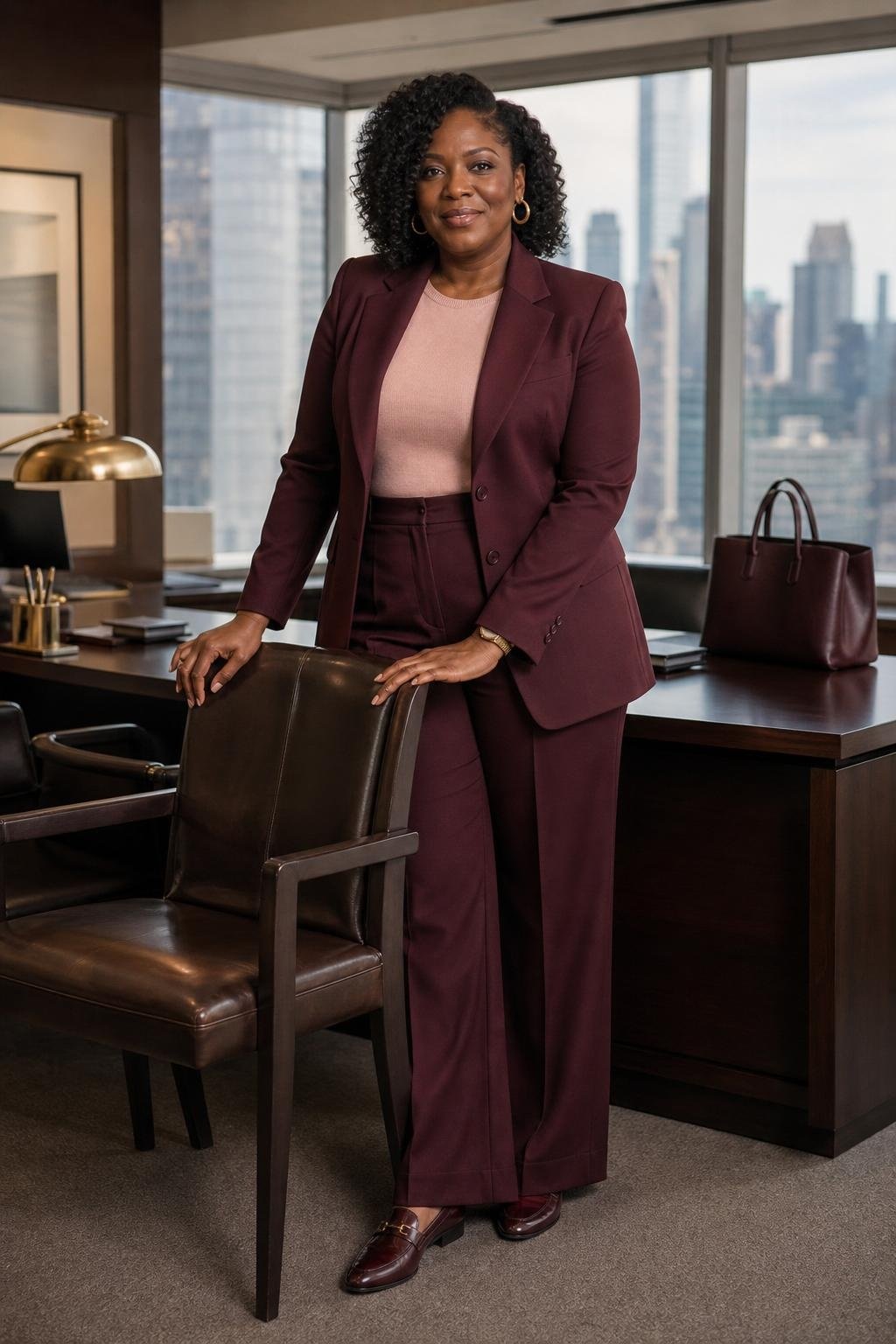burgundy trouser suit, blush fine-knit top, oxblood loafers, executive office with rich tailored mood (option 1)