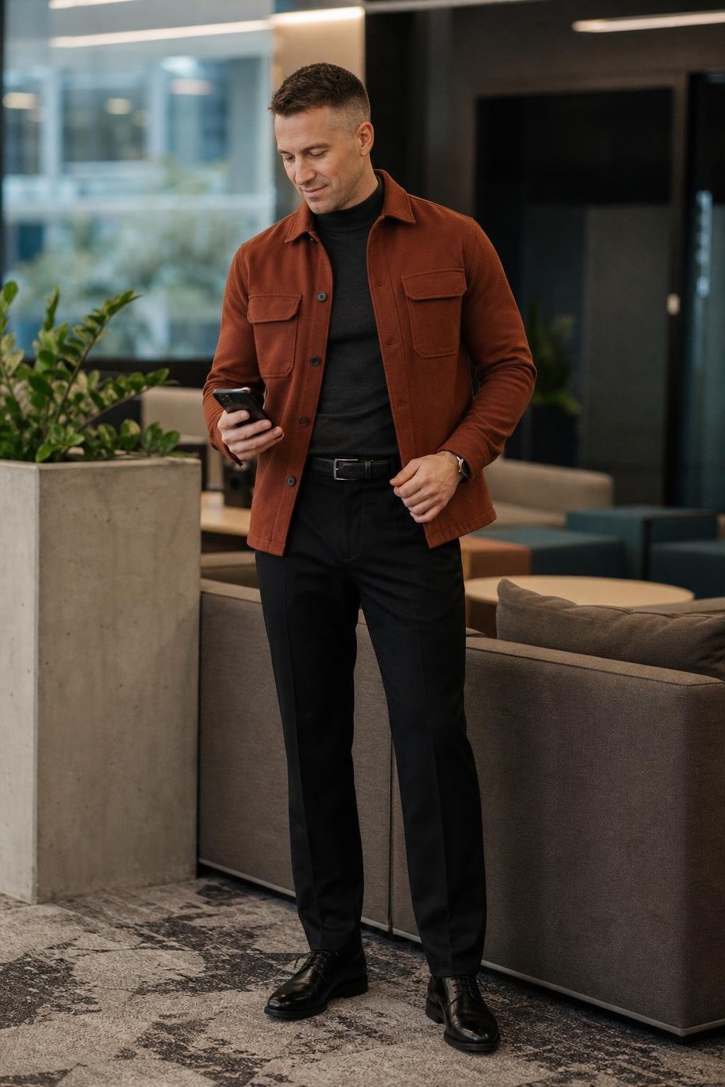 Burnt sienna shirt jacket, charcoal mock-neck sweater, black tailored trousers, black derby shoes, casual office lounge (option 2)