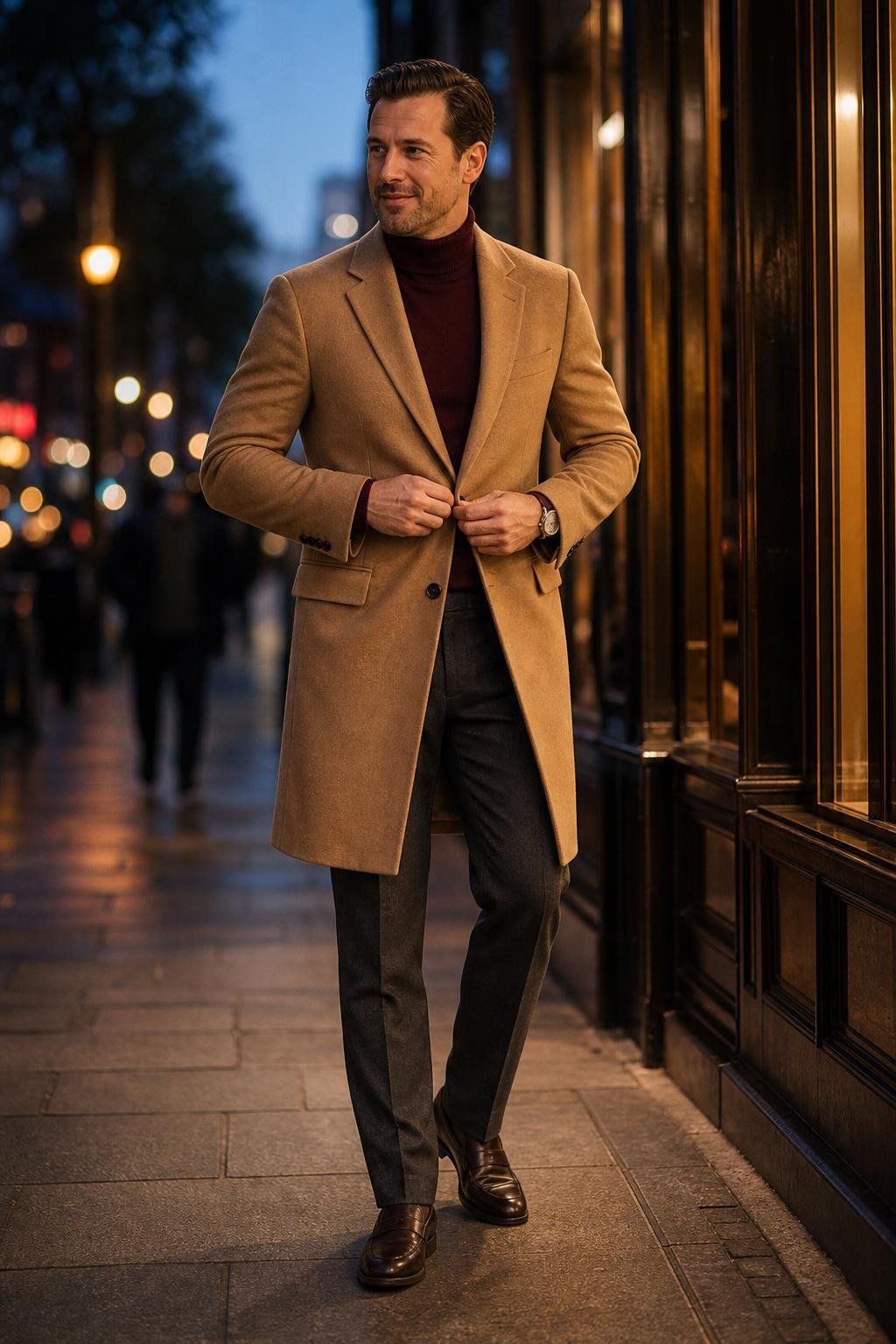 Camel overcoat, merlot turtleneck, charcoal trousers, dark brown loafers, evening city sidewalk with warm storefront lights (option 1)