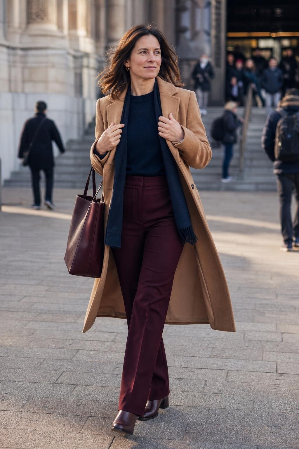 Camel wool coat with burgundy tailored trousers and navy knit top, crisp city commute scene (option 1)