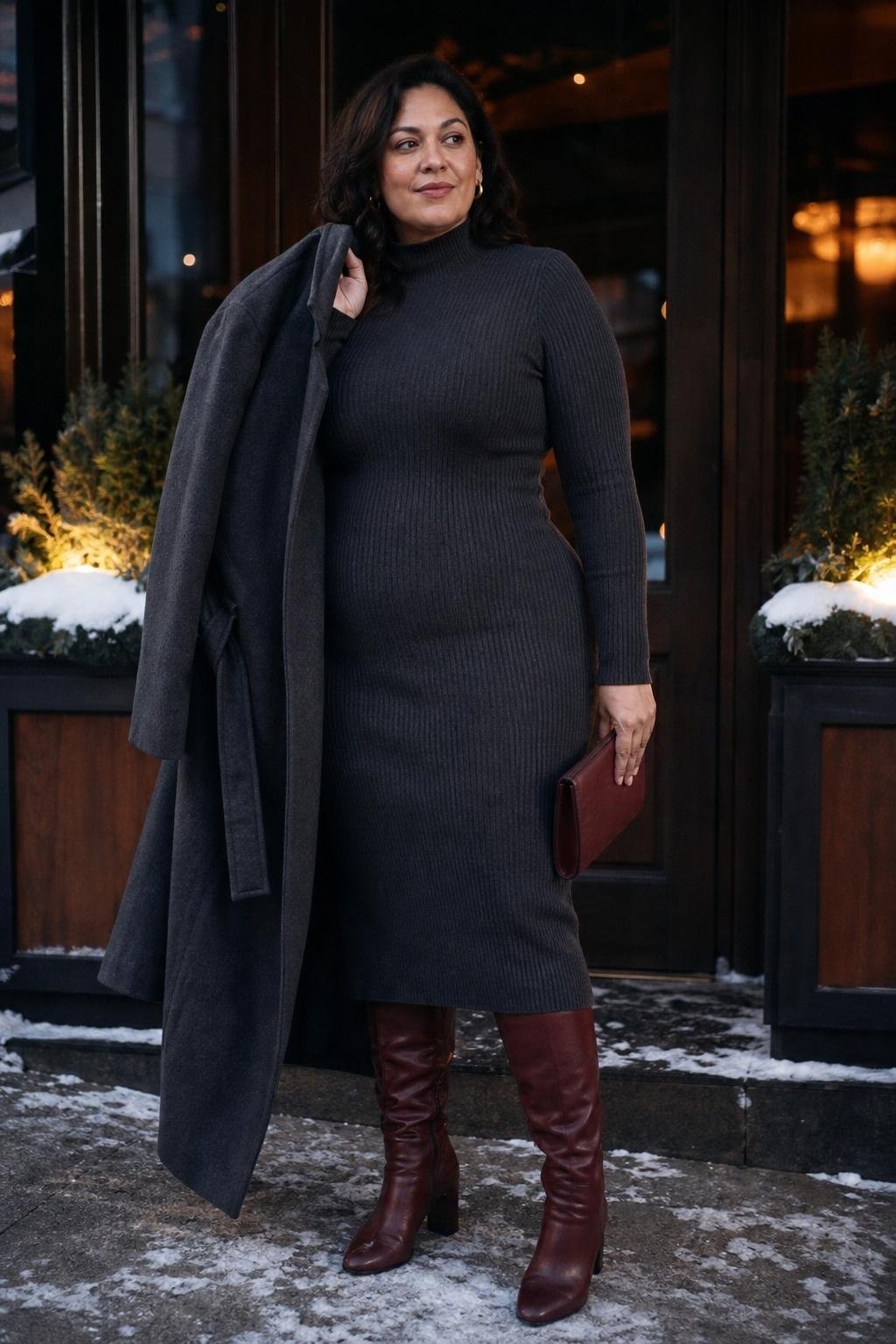 Charcoal ribbed sweater dress, oxblood knee boots, wool coat, downtown winter dinner (option 2)