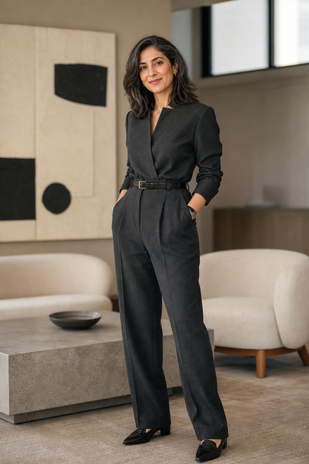 charcoal tailored jumpsuit, black slim belt, pointed loafers, minimalist office lounge with composed energy (option 1)