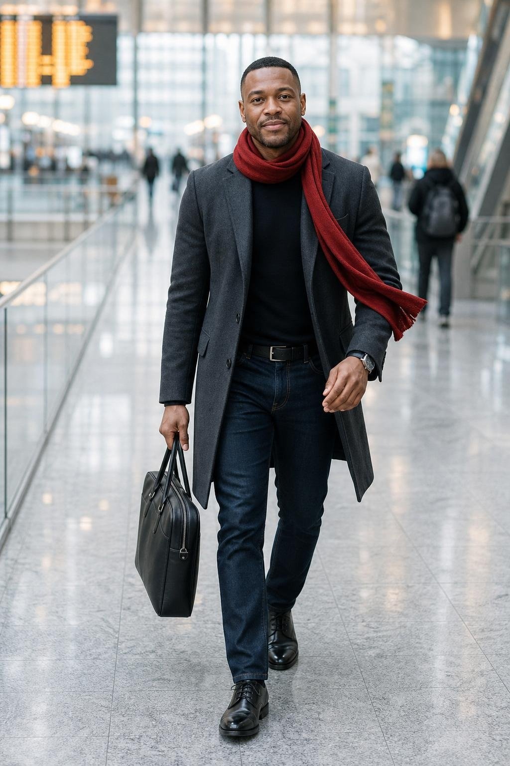 Charcoal topcoat, black crewneck sweater, dark blue jeans, red wool scarf, polished city commute (option 1)