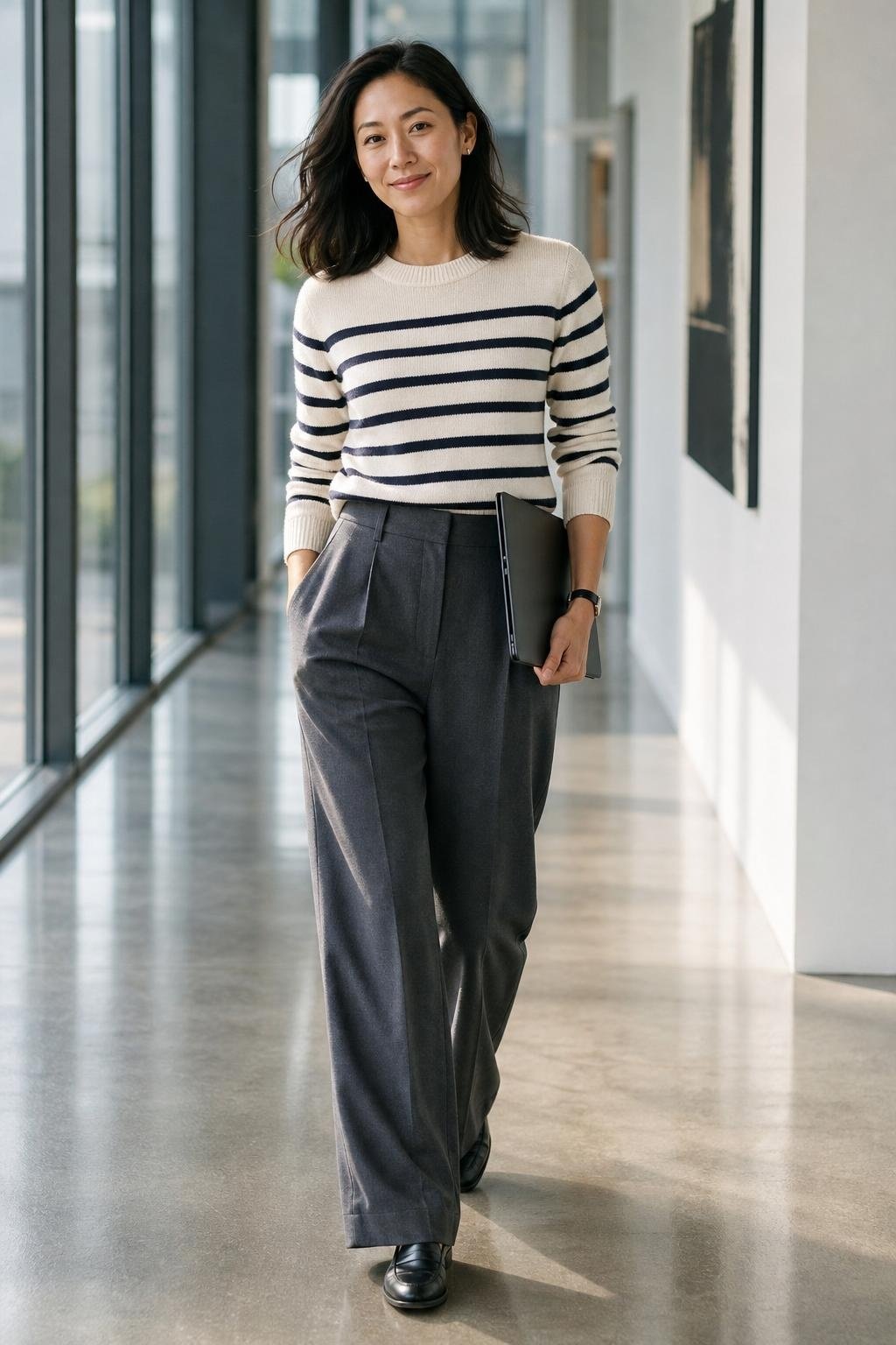 Charcoal wide-leg trousers with ivory and navy striped sweater and black loafers, bright office hallway scene (option 2)