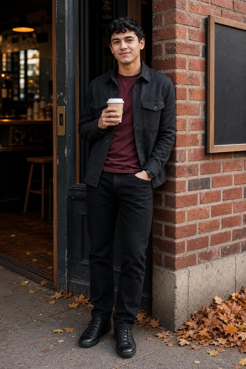 Charcoal wool overshirt, burgundy crewneck tee, black straight jeans, black leather sneakers, casual coffee shop doorway (option 1)