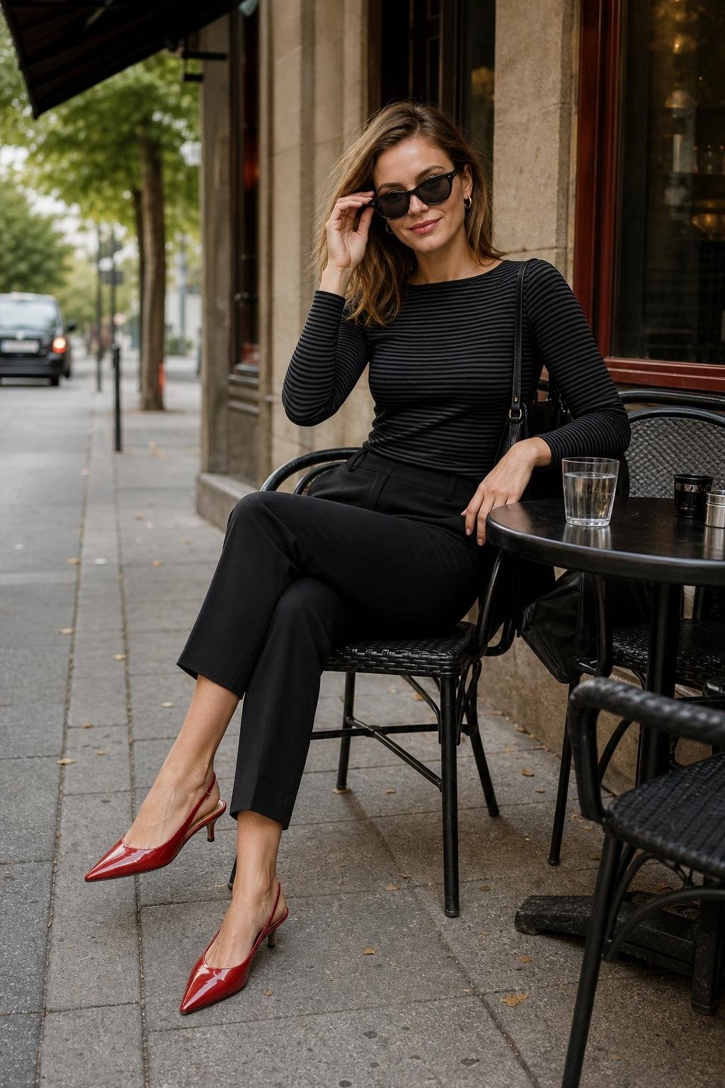 cherry red slingbacks, black cigarette trousers, striped knit top, city café patio scene (option 2)