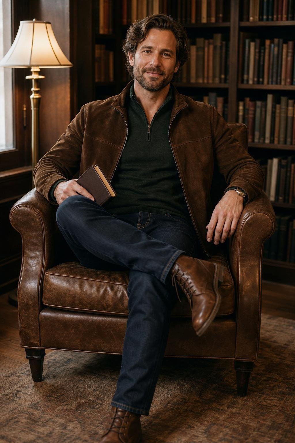 Chocolate suede jacket, deep green quarter-zip sweater, dark wash jeans, tobacco leather boots, cozy bookstore corner (option 2)