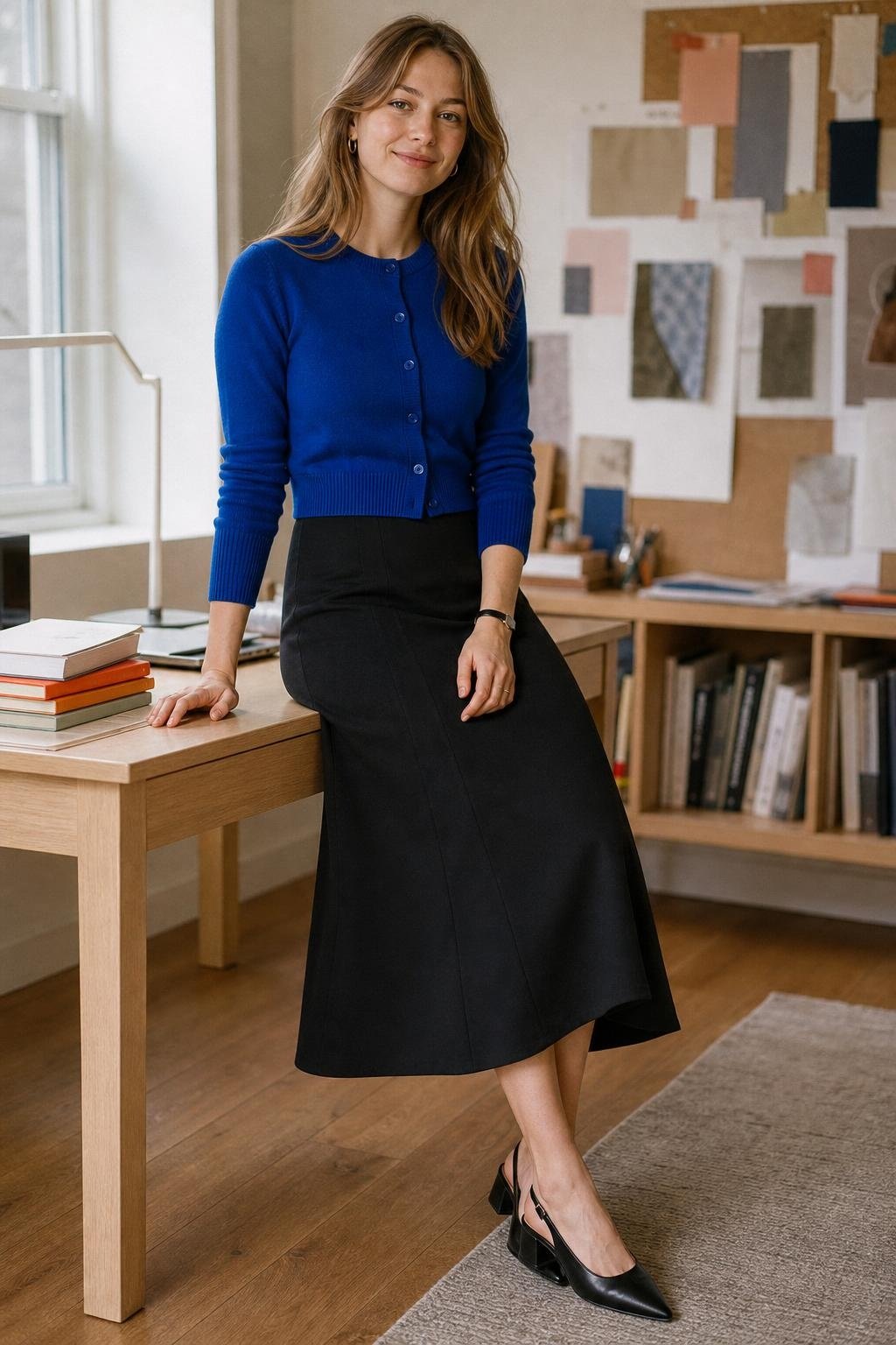 cobalt blue cardigan, black A-line midi skirt, black slingback shoes, bright creative office with tidy desk scene (option 2)