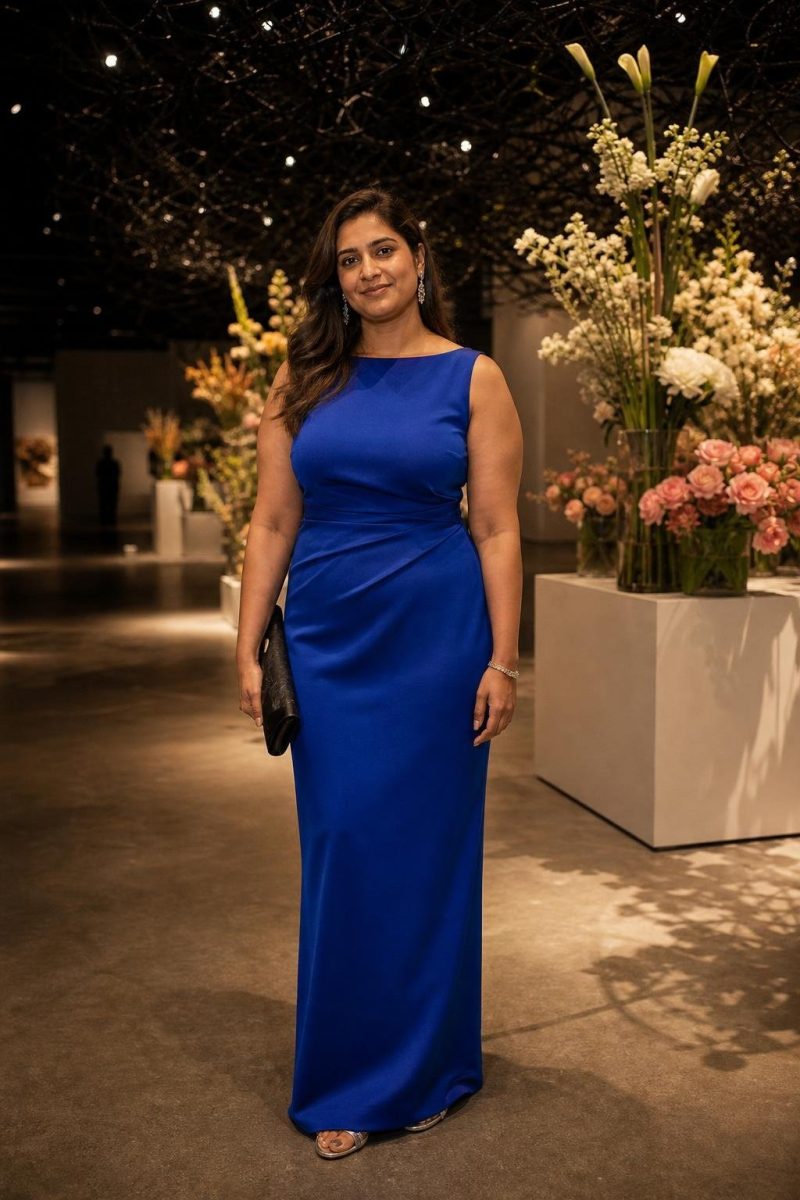 Cobalt blue column dress, silver slingbacks, black satin clutch, contemporary museum wedding with dramatic lighting (option 1)