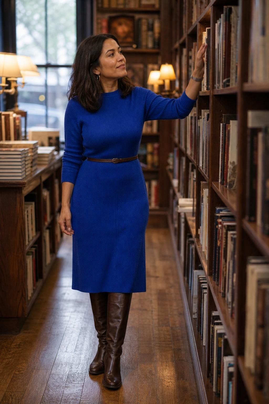 Cobalt sweaterdress with tall chocolate brown boots and slim belt, cozy bookstore browsing scene (option 2)