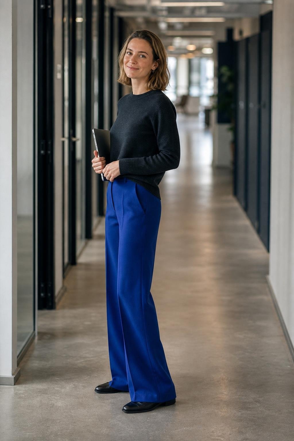 Cobalt wide-leg trousers, charcoal fine-knit sweater, black loafers, modern office hallway (option 1)