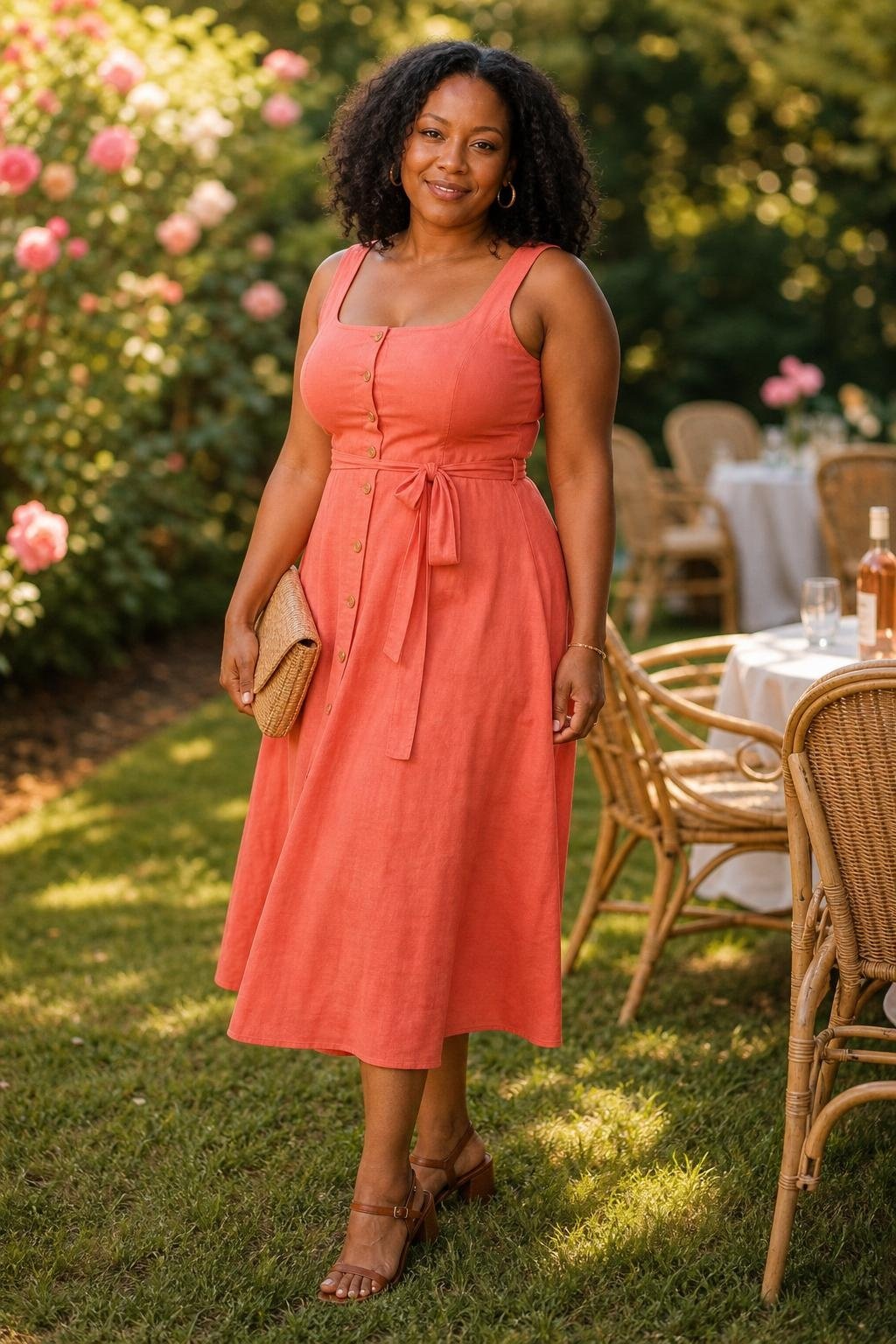 Coral linen midi dress with cognac sandals and straw clutch, warm garden party afternoon (option 1)