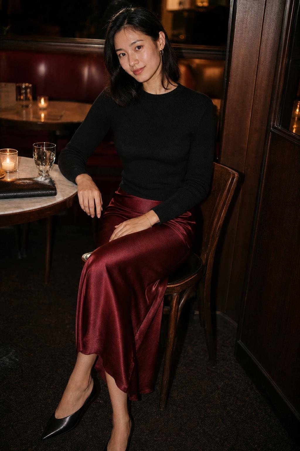Cranberry satin slip skirt with fine black sweater and pointed flats, intimate restaurant dinner mood (option 2)