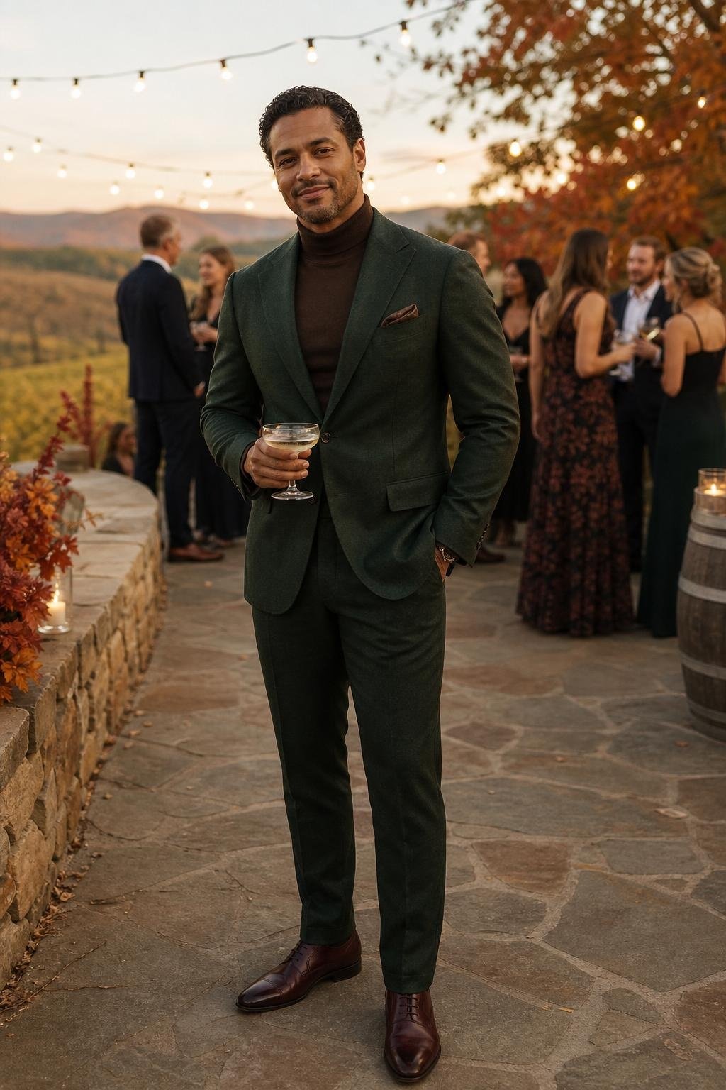 Dark green suit, chocolate brown turtleneck, oxblood leather shoes, autumn wedding reception (option 2)