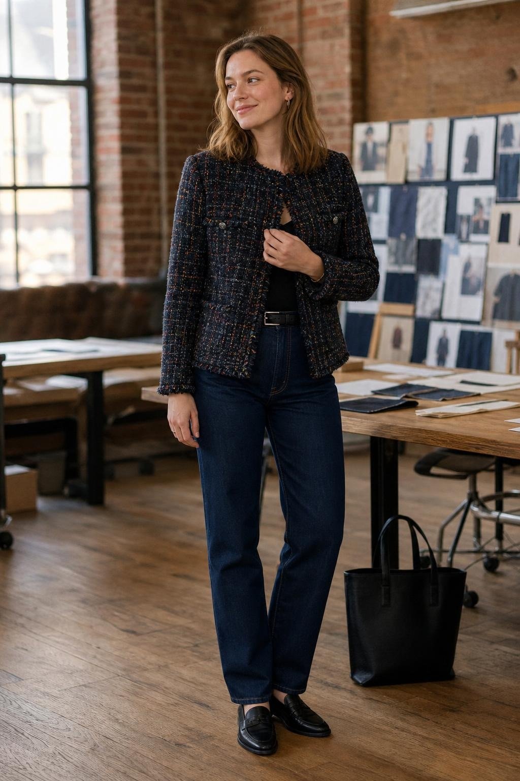 dark indigo straight jeans, multicolor tweed jacket, black loafers, casual Friday office with polished denim mood (option 1)