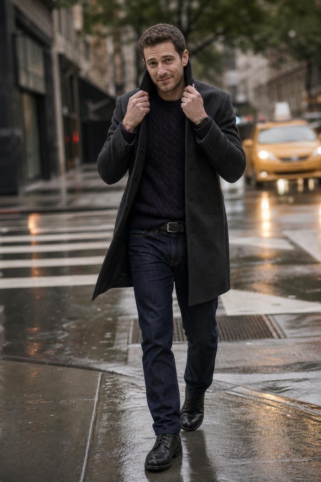 Deep purple cable-knit sweater, dark denim jeans, charcoal wool coat, black lace-up boots, rainy downtown crosswalk (option 2)