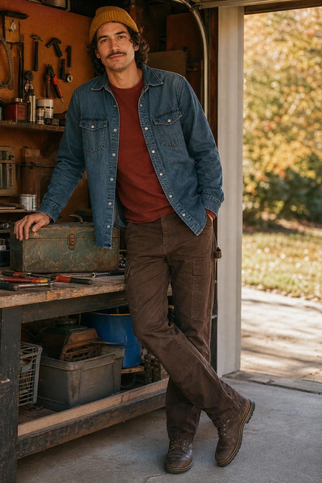 Denim overshirt, brick red thermal tee, dark brown work pants, mustard beanie, rugged boots, weekend garage workspace (option 1)