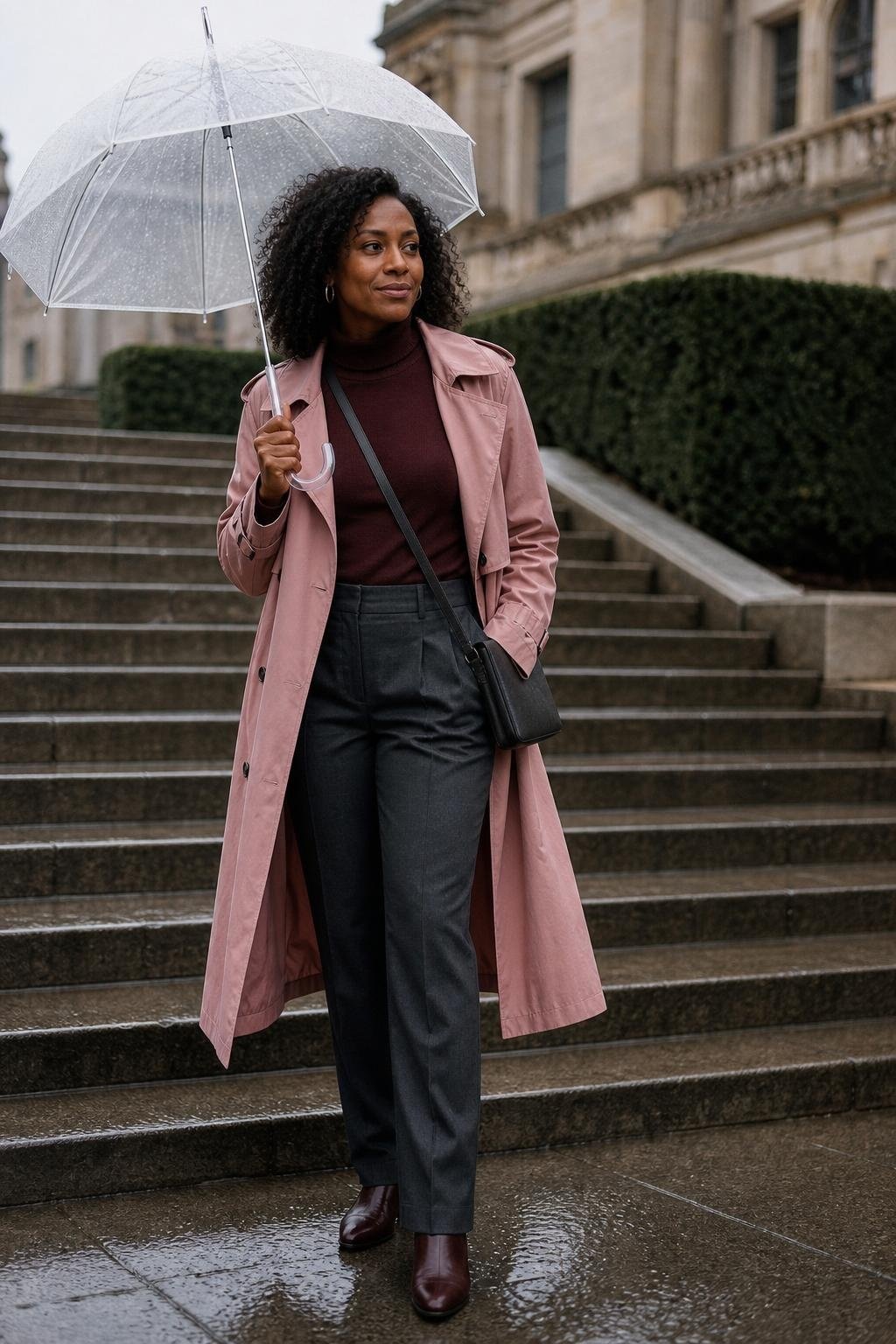 dusty pink trench coat, merlot turtleneck, charcoal trousers, rainy museum steps scene (option 2)