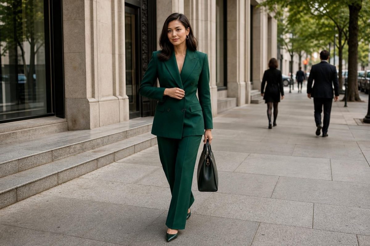Emerald double-breasted suit with pointed flats on a city sidewalk, polished weekday mood (option 1)