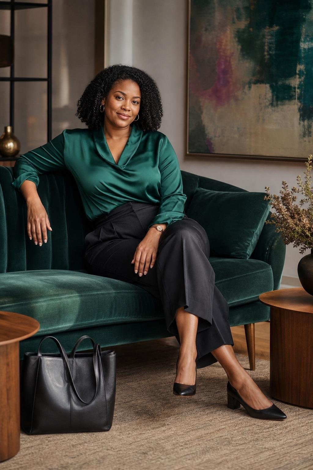 emerald satin blouse, black culottes, block-heel pumps, polished office lounge with rich jewel-tone mood (option 2)