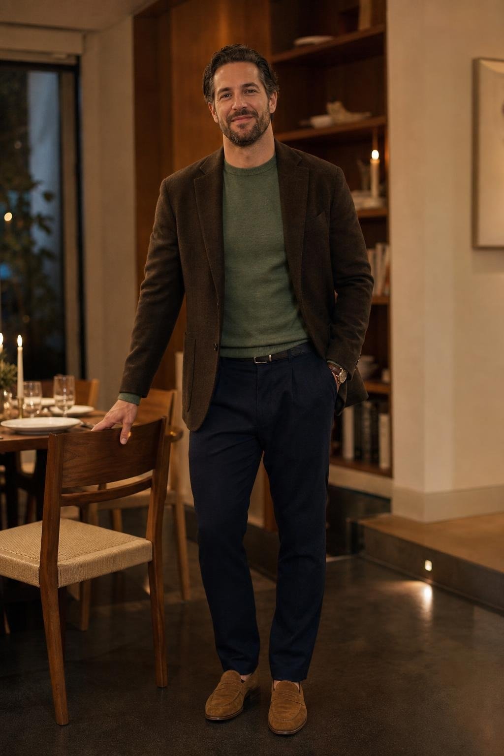 Espresso brown blazer, sage green merino sweater, navy trousers, tan suede loafers, relaxed dinner at home (option 2)