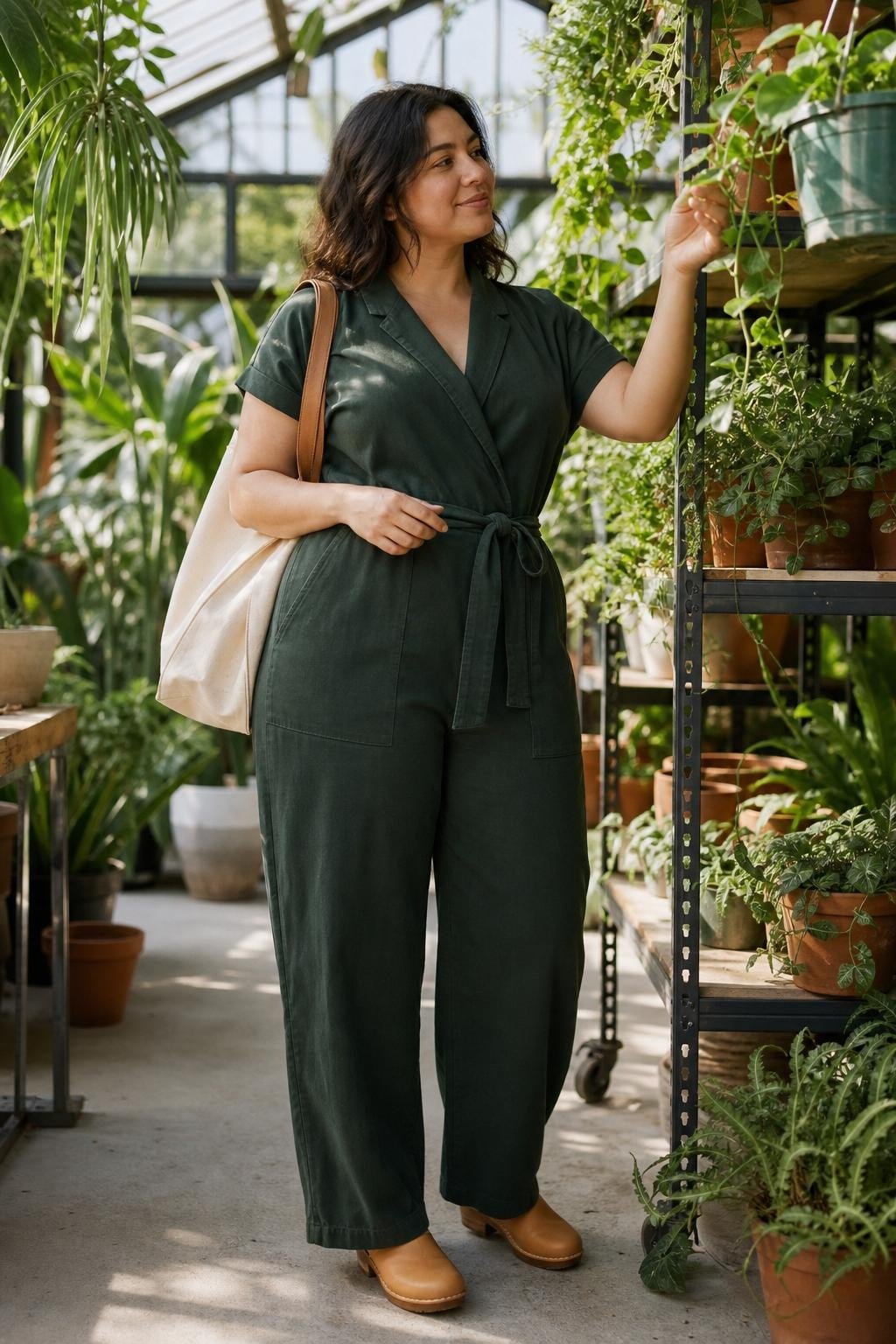 Forest green belted jumpsuit, tan clogs, canvas tote, plant shop browsing scene (option 2)