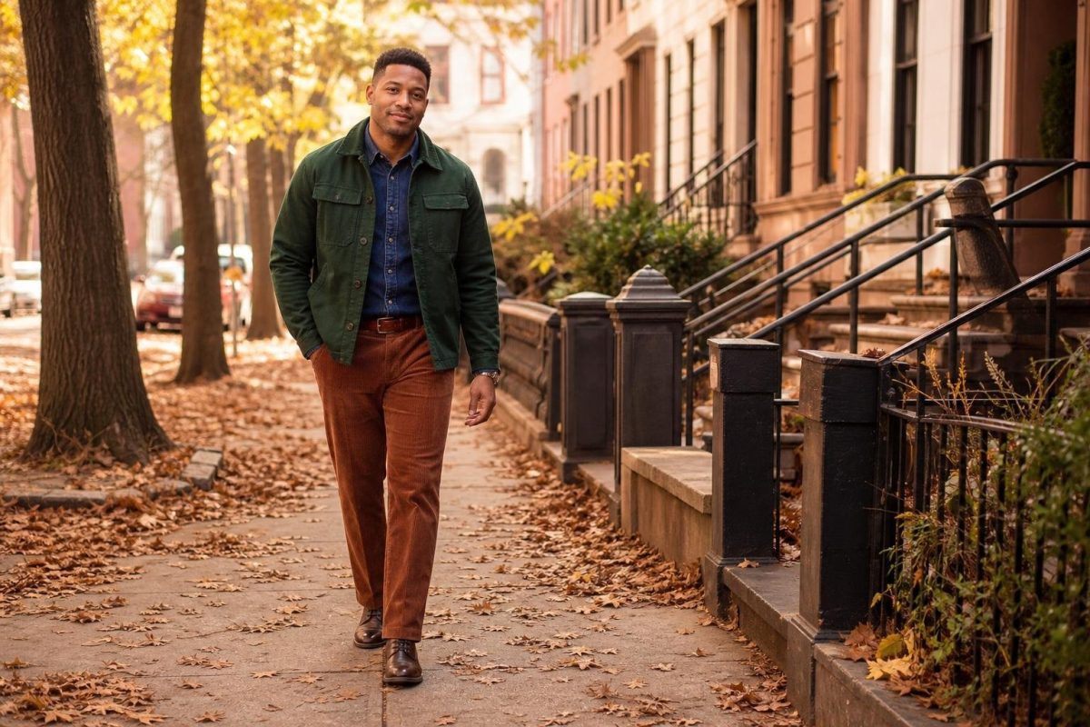 Forest green chore jacket, rust corduroy pants, dark denim shirt, brown leather boots, walking through a leafy city street (option 1)