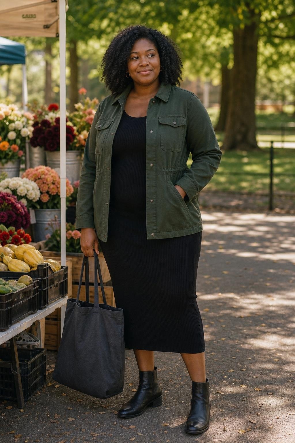 Forest green utility jacket over black ribbed midi dress with ankle boots, weekend farmers market mood (option 1)