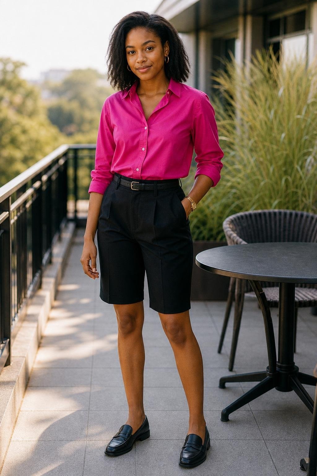 fuchsia button-down shirt, black tailored knee-length shorts, black loafers, summer office terrace with polished warm-weather mood (option 2)