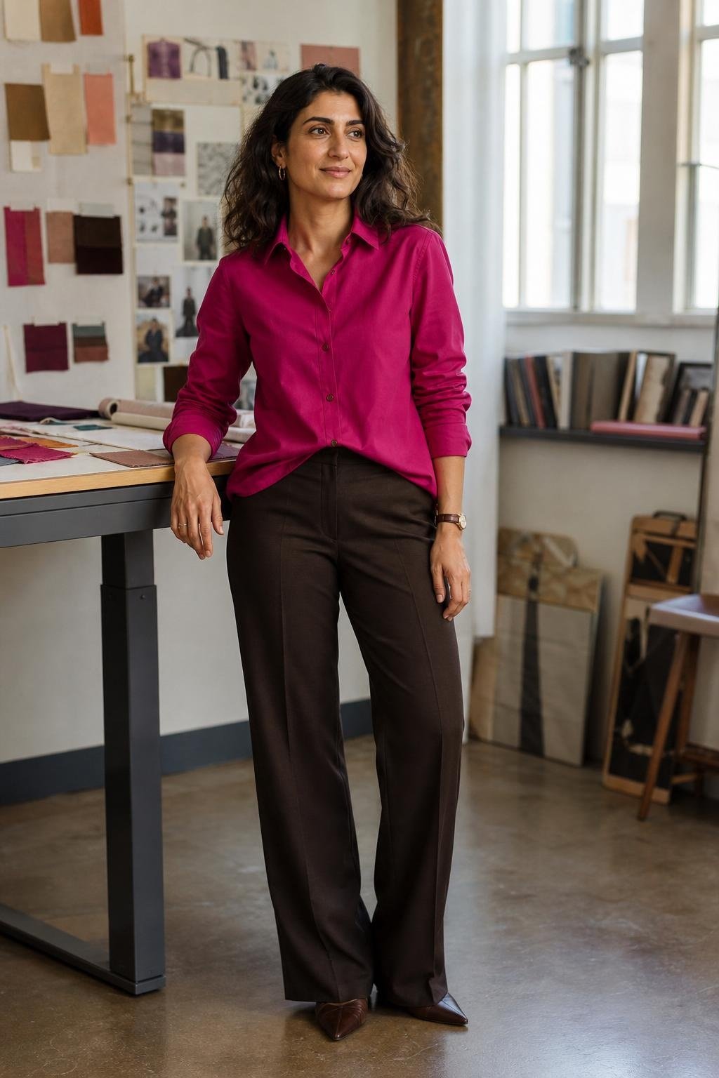 Fuchsia button-down shirt, chocolate tailored trousers, pointed brown flats, bright studio workspace (option 1)