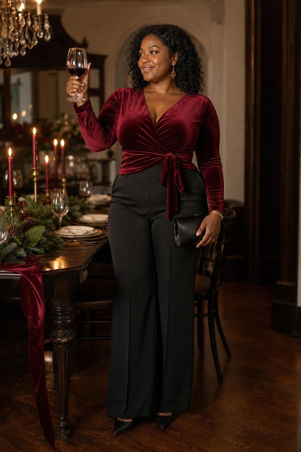 Garnet velvet wrap top with black wide-leg pants and satin heels, candlelit holiday dinner scene (option 2)