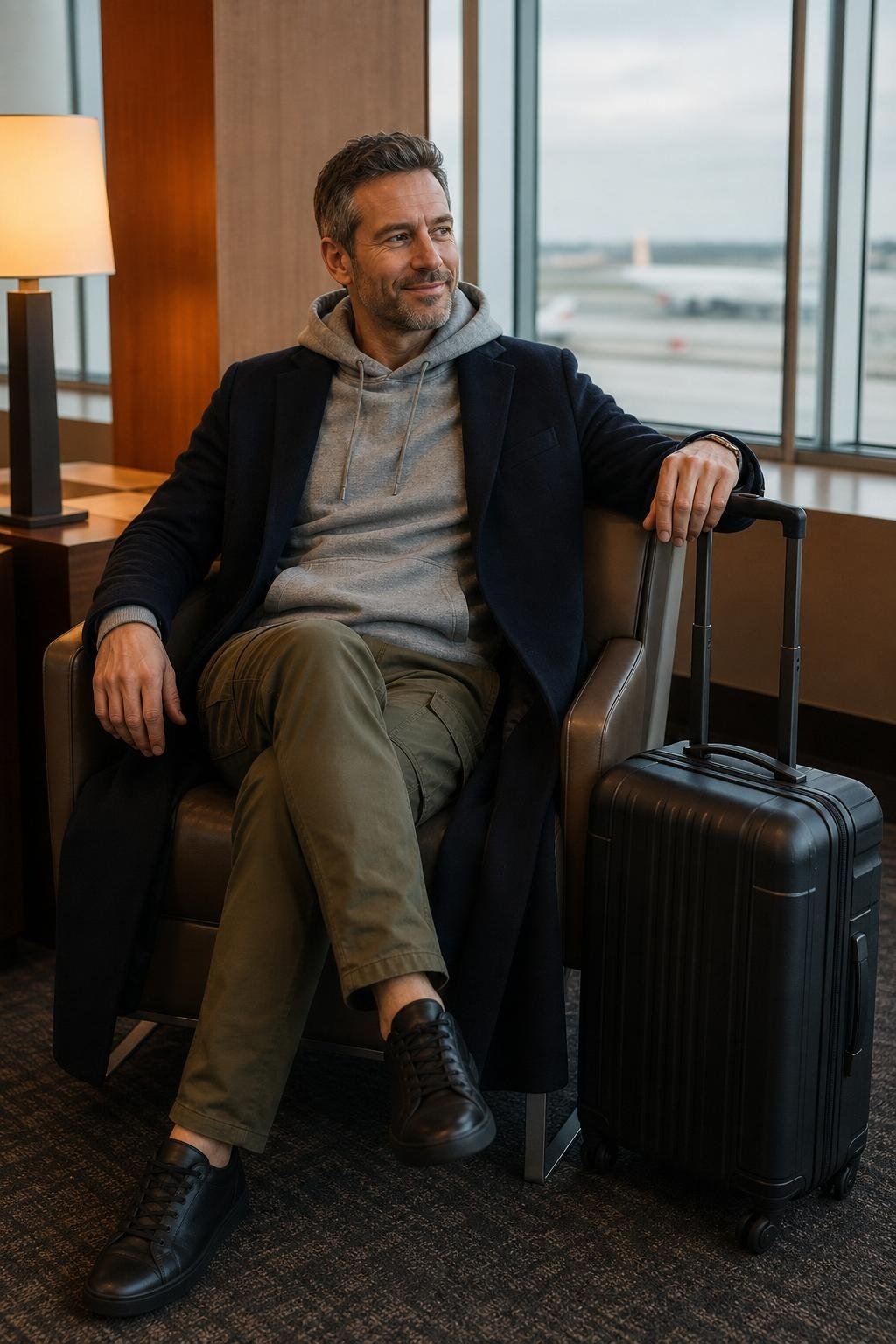 Heather gray hoodie, deep navy long wool coat, olive cargo trousers, black leather sneakers, airport terminal lounge (option 2)